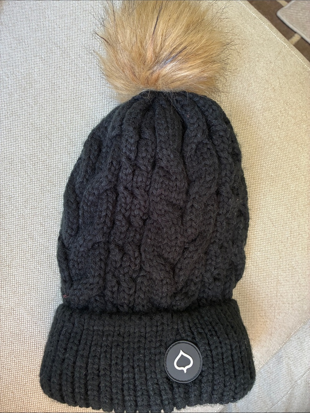 Kids Black Cable Knit Beanie with Tan Faux-Fur Pom